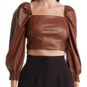 Avec Les Filles Brown Leather Puff Sleeve Blouse